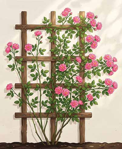 მხვიარა ვარდები ხის კონსტრუქცაზე